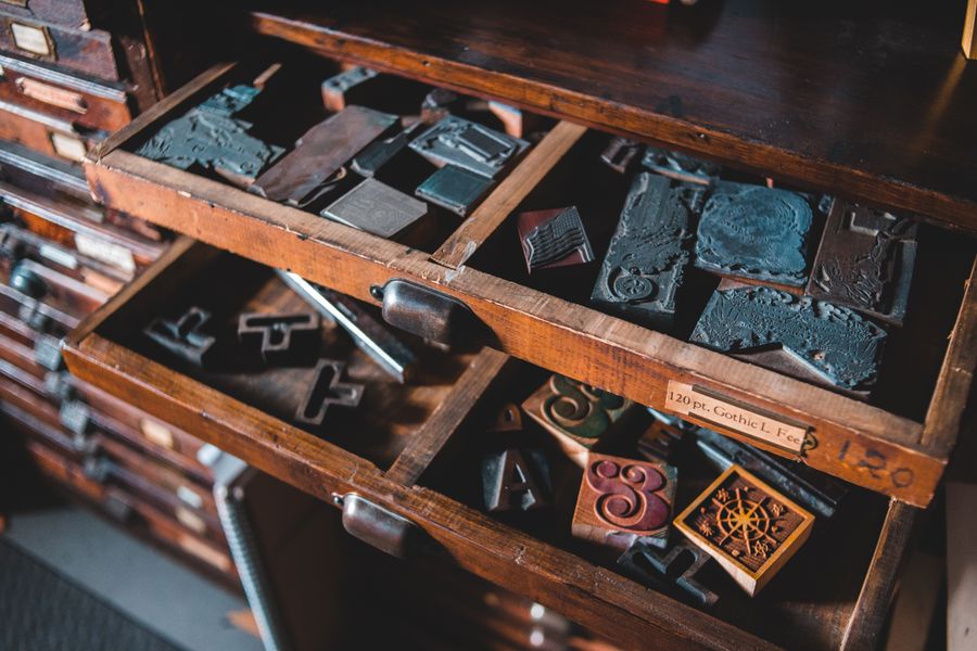 Letterpress type blocks in a drawer